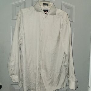 Claiborne Men's Button-Down Shirt Cream/Gray color size 16 in / Large Vintage